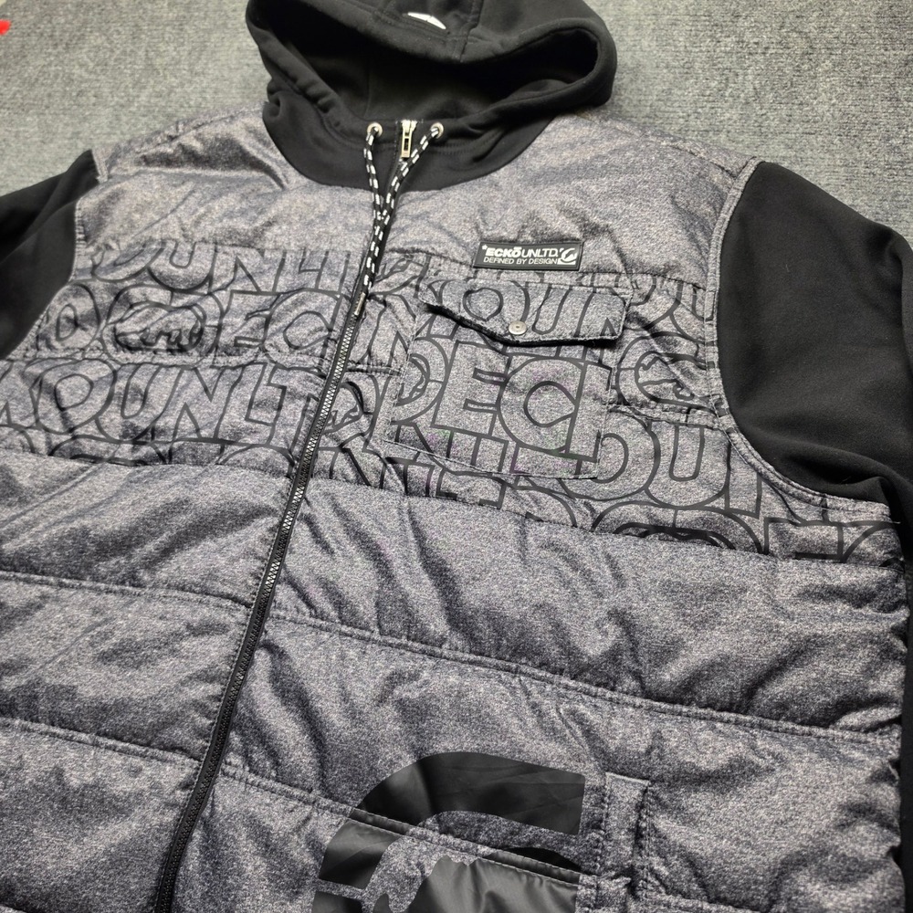 Ecko Unltd Mens 5XL Puffer Jacket Grey Black Hooded Full Zip Quilted Streetwear